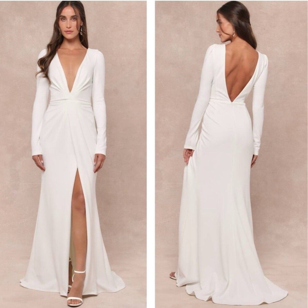 Lulus Stunning Romance White Long Sleeve Mermaid Maxi Dress Size Large V Neck